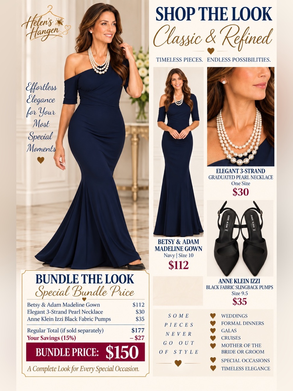 ✨ 3PC FORMAL OUTFIT BUNDLE: Betsy & Adam Navy Gown+ Pearls + Anne Klein Shoe